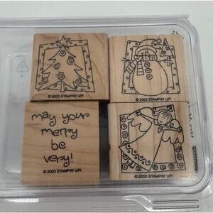 Stampin' Up! Very Merry 2003 Retired Vintage Wood Stamp Set Tree Snowman Angel